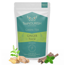 TeaNOURISH Ginger Tulsi Green Tea | Darjeeling Loose Leaf | Indian Superfoods Ginger, Tulsi & Licorice | Relieves Stress & Aids Digestion | Brew Hot