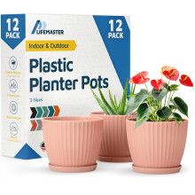 Lyserøde 6-tommer plantepotter med dræning & tallerkener 12 pak, indendørs & udendørs planter