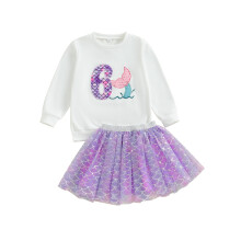 (6-7 Years, White) Ensemble 2 pièces pour filles, sweat-shirt brodé avec chiffre et jupe en tulle, vêtements d'anniversaire.