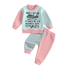 (3-4 Years, Blue) Ensembles contrastés pour filles : sweat-shirt imprimé lettres et pantalon long avec poche.
