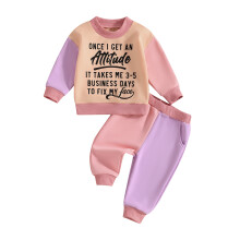 (5-6 Years, Purple) Ensembles contrastés pour filles : sweat-shirt imprimé lettres et pantalon long avec poche.