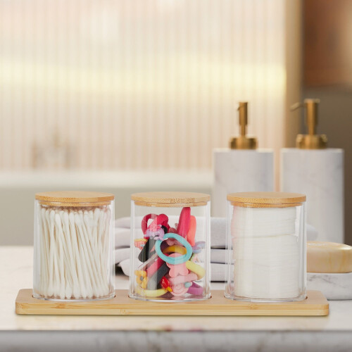 Badezimmer-Aufbewahrungsset mit Bambusdeckeln und Tablett