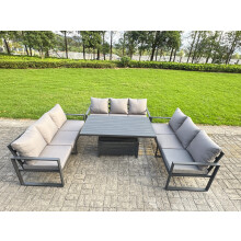 Fimous U-shaped Garden Furniture Set 9-Seater Aluminium Outdoor Dining Set with Adjustable Rising Lifting Dining Table Dark Grey
