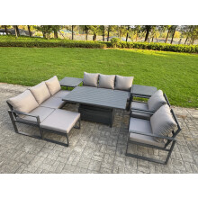 Fimous Garden Aluminium Furniture Set Dark Grey 9 Seater Outdoor Patio Adjustable Rising Lifting Dining Table with 2 Chairs 2 Side Tables Big Footstoo