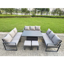 Fimous U-shaped Garden Furniture Set 11-Seater Aluminium Outdoor Dining Set with Adjustable Rising Lifting Dining Table 2 Small Footstools Dark Grey