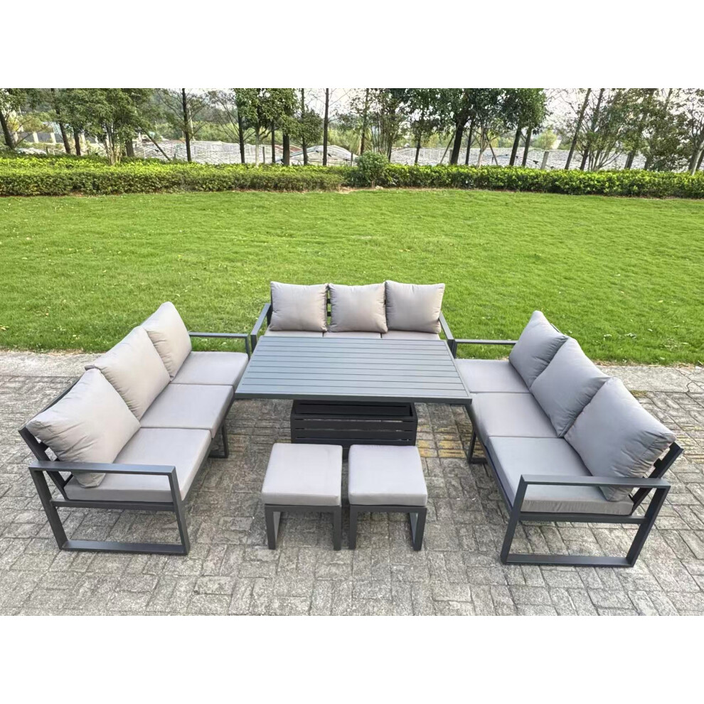 Fimous U-Shaped Garden Furniture Set 11-Seater Aluminium Outdoor Dining Set With Adjustable Rising Lifting Dining Table 2 Small Footstools Dark Grey