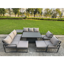 Fimous Garden Aluminium Furniture Set Dark Grey 10 Seater Outdoor Patio Adjustable Rising Lifting Dining Table with 2 Big Footstools Side Table Dark G