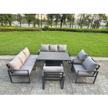 Fimous 6 Piece Garden Furniture Set 9-Seater Aluminium Outdoor Dining Set with Adjustable Rising Lifting Dining Table & Cushions 3 Chairs Dark Grey