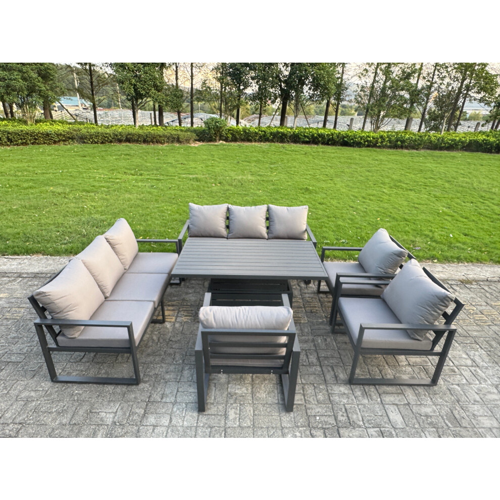 Fimous 6 Piece Garden Furniture Set 9-Seater Aluminium Outdoor Dining Set With Adjustable Rising Lifting Dining Table & Cushions 3 Chairs Dark Grey