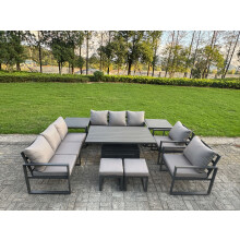 Fimous 9 Piece Garden Furniture Set 10-Seater Aluminium Outdoor Dining Set with Adjustable Rising Lifting Dining Table & Cushions 2 Side Tables Dark G