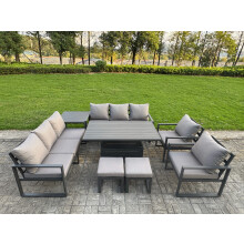 Fimous 8 Piece Garden Furniture Set 10-Seater Aluminium Outdoor Dining Set with Adjustable Rising Lifting Dining Table & Cushions Side Table Dark Grey