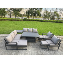 Fimous 9 Piece Garden Furniture Set 11-Seater Aluminium Outdoor Dining Set with Adjustable Rising Lifting Dining Table & Cushions Side Table 3 Footsto