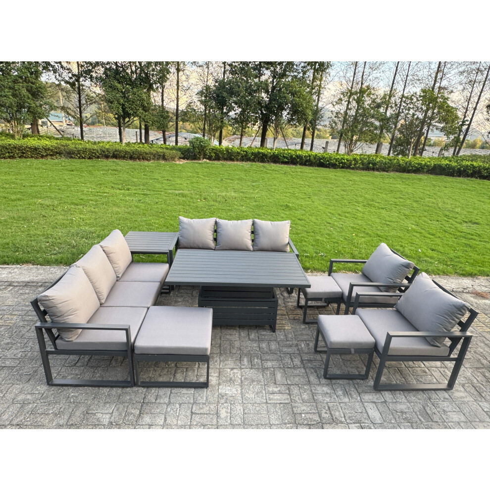 Fimous 9 Piece Garden Furniture Set 11-Seater Aluminium Outdoor Dining Set With Adjustable Rising Lifting Dining Table & Cushions Side Table 3 Footsto