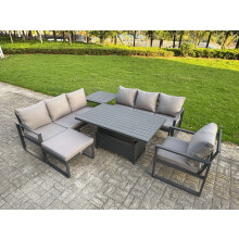 Fimous Aluminium Garden Furniture Sets,8 Seater Outdoor Sofa Dining Set with Adjustable Rising Lifting Dining Table Side Table Big Footstool for Yard,