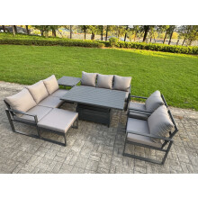 Fimous Garden Aluminium Furniture Set Dark Grey 9 Seater Outdoor Patio Adjustable Rising Lifting Dining Table with 2 Chairs Side Table Big Footstool D