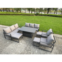 Fimous 8 Piece Garden Furniture Set 11-Seater Aluminium Outdoor Dining Set with Adjustable Rising Lifting Dining Table & Cushions 3 Footstools Dark Gr