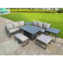 Fimous 8 Pieces Garden Furniture Set Aluminium Adjustable Rising Lifting Dining Table and Sofa Set with 2 Side Tables 3 Footstools Dark Grey