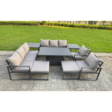 Fimous Garden Aluminium Furniture Set Dark Grey 10 Seater Outdoor Patio Adjustable Rising Lifting Dining Table with 2 Big Footstools 2 Side Tables Dar