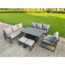 Fimous Aluminium Garden Furniture Sets,9 Seater Outdoor Sofa Dining Set with Adjustable Rising Lifting Dining Table 2 Small Footstools for Yard,Poolsi