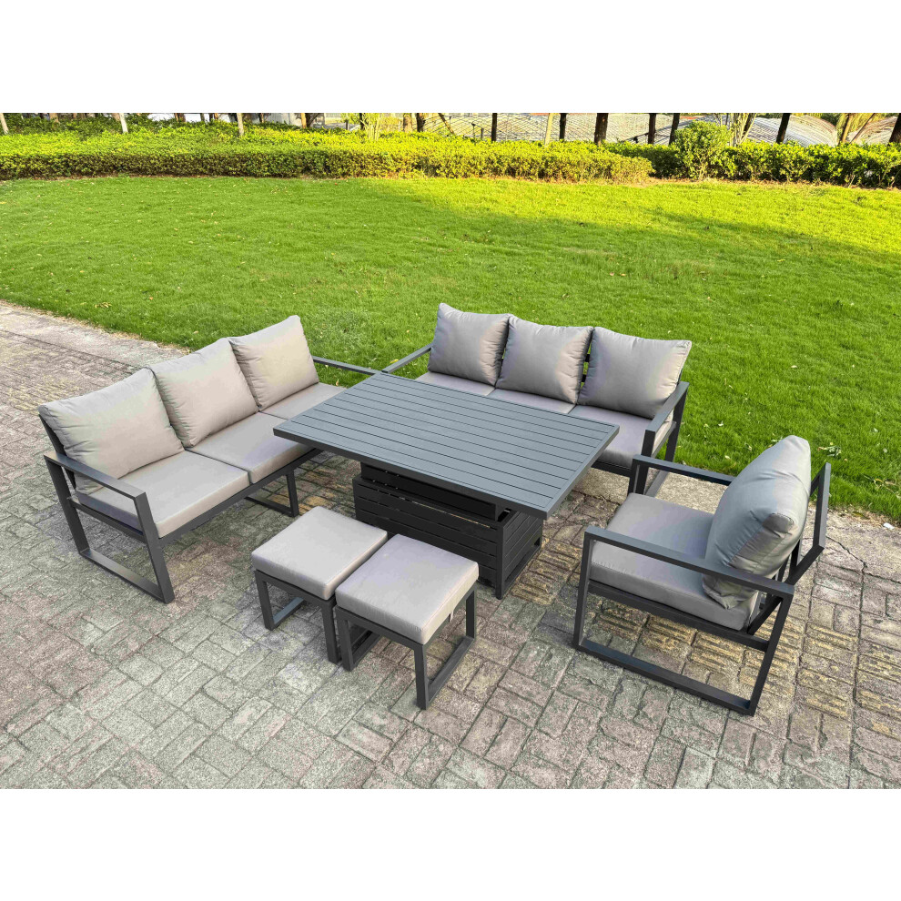 Rackhams Dark/Grey Aluminium Garden Furniture Sets,9 Seater Outdoor Sofa Dining Set With Adjustable Rising Lifting Dining Table 2 Small Footstools - Image 2