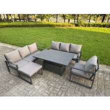Fimous Aluminium Garden Furniture Sets,8 Seater Outdoor Sofa Dining Set with Adjustable Rising Lifting Dining Table Big Footstool for Yard,Poolside, P