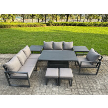 Fimous Aluminium Garden Furniture Sets,9 Seater Outdoor Sofa Dining Set with Adjustable Rising Lifting Dining Table 2 Side Tables 2 Small Footstools f
