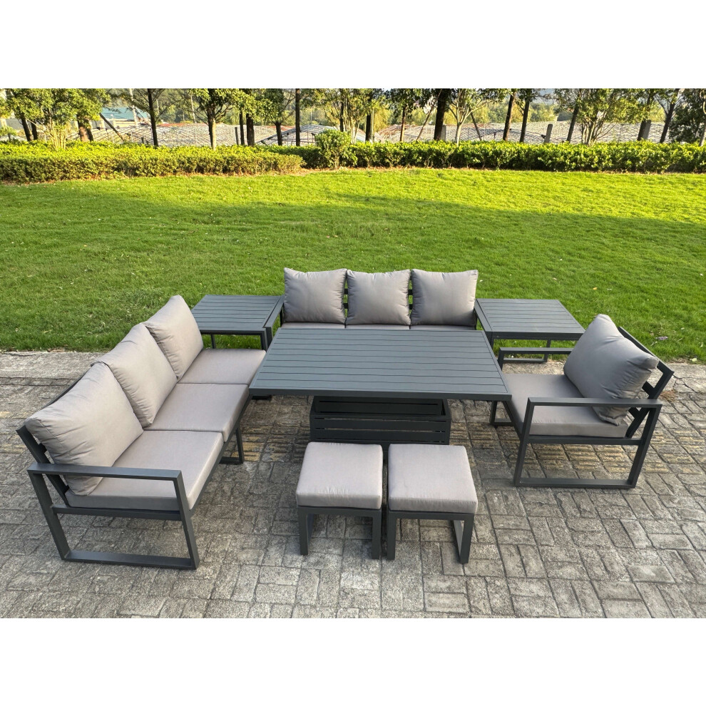 Rackhams Dark/Grey 9 Seater Aluminium Garden Furniture Set With Rising Dining Table, 2 Sofas, 1 Chair, 2 Side Tables, 2 Small Footstools - Image 3