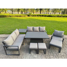 Fimous Garden Aluminium Furniture Set Dark Grey 10 Seater Outdoor Patio Adjustable Rising Lifting Dining Table with 3 Footstools Side Table Dark Grey