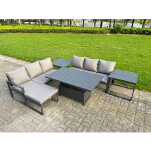 Fimous 6 Pieces Garden Furniture Set Aluminium Adjustable Rising Lifting Dining Table and Sofa Set with 2 Side Tables Big Footstool Dark Grey
