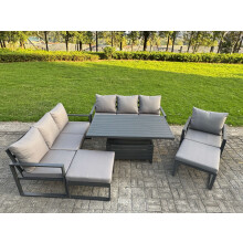 Fimous Garden Aluminium Furniture Set Dark Grey 9 Seater Outdoor Patio Adjustable Rising Lifting Dining Table with 2 Big Footstools Dark Grey