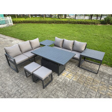 Fimous 7 Pieces Garden Furniture Set Aluminium Adjustable Rising Lifting Dining Table and Sofa Set with 2 Side Tables 2 Small Footstools Dark Grey