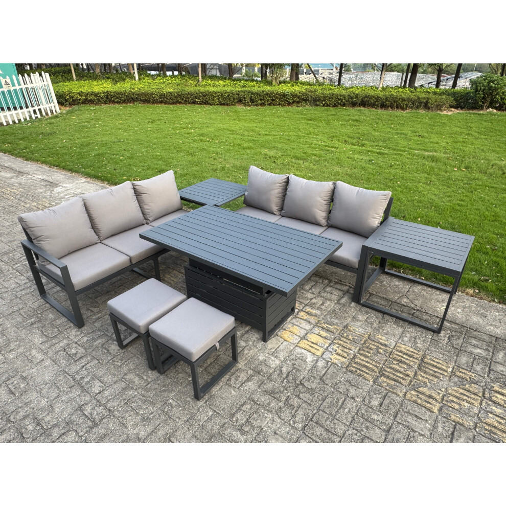 B&Q - 7 Pieces Garden Furniture Set Aluminium Adjustable Rising Lifting Dining Table And Sofa Set With Side Tables 2 Small Stools - Image 2