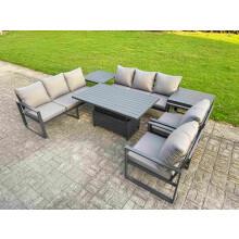 Fimous Garden Aluminium Furniture Set Dark Grey 8 Seater Outdoor Patio Adjustable Rising Lifting Dining Table with 2 Chairs 2 Side Tables Dark Grey