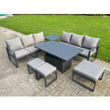 Fimous 7 Pieces Garden Furniture Set Aluminium Adjustable Rising Lifting Dining Table and Sofa Set with Side Table 3 Footstools Dark Grey