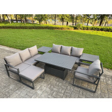 Fimous Aluminium Garden Furniture Sets,8 Seater Outdoor Sofa Dining Set with Adjustable Rising Lifting Dining Table 2 Side Tables Big Footstool for Ya