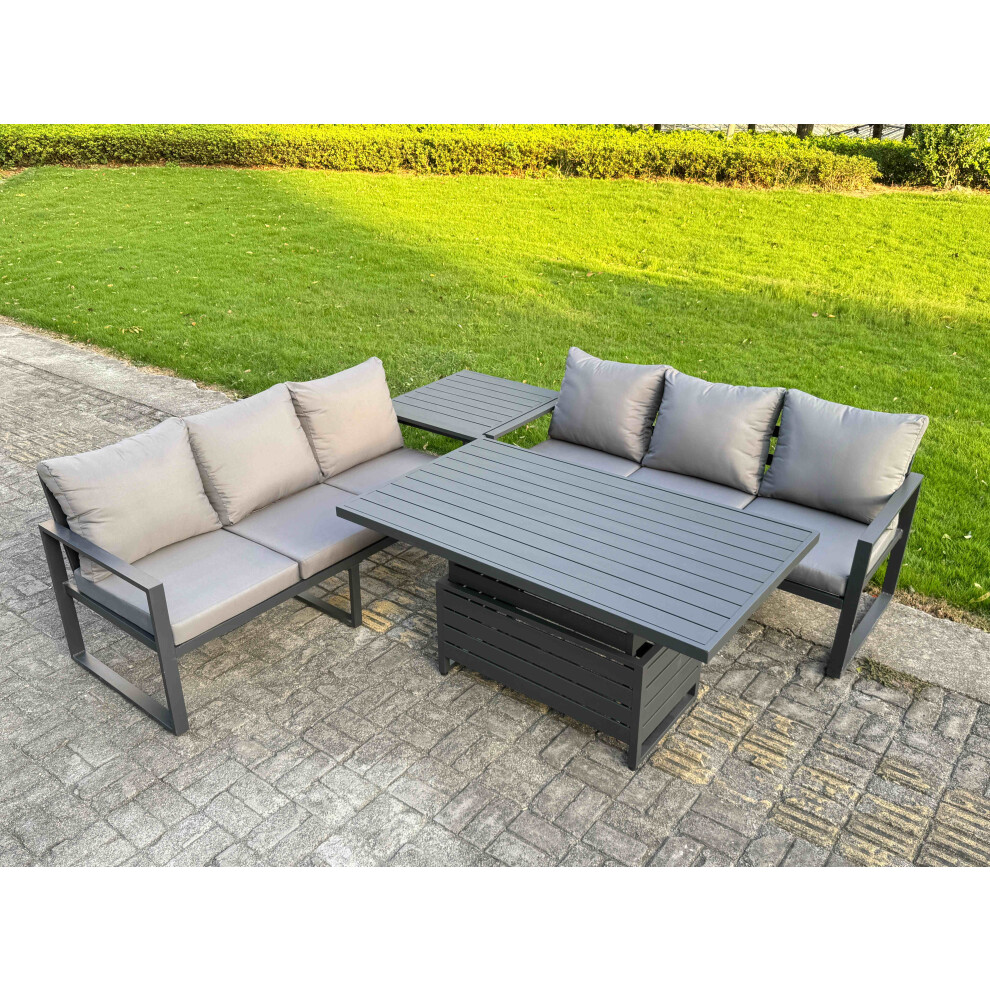 Fimous 4 Pieces Garden Furniture Set Aluminium Adjustable Rising Lifting Dining Table And Sofa Set With Side Table Dark Grey