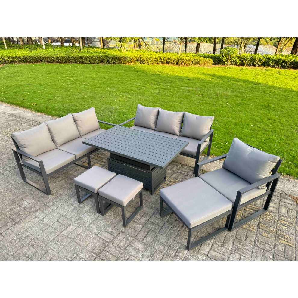 Fimous Garden Aluminium Furniture Set Dark Grey 10 Seater Outdoor Patio Adjustable Rising Lifting Dining Table With 3 Footstools Dark Grey