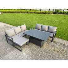 Fimous 4 Pieces Garden Furniture Set Aluminium Adjustable Rising Lifting Dining Table and Sofa Set with Big Footstool Dark Grey