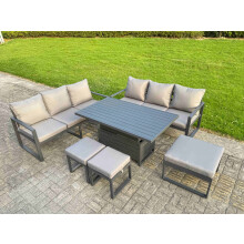 Fimous 6 Pieces Garden Furniture Set Aluminium Adjustable Rising Lifting Dining Table and Sofa Set with 3 Footstools Dark Grey