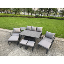 Fimous Aluminium Garden Furniture Sets 9 Seater Outdoor Sofa Set with Adjustable Rising Lifting Dining Table 2 Chairs 4 Footstools Side Table