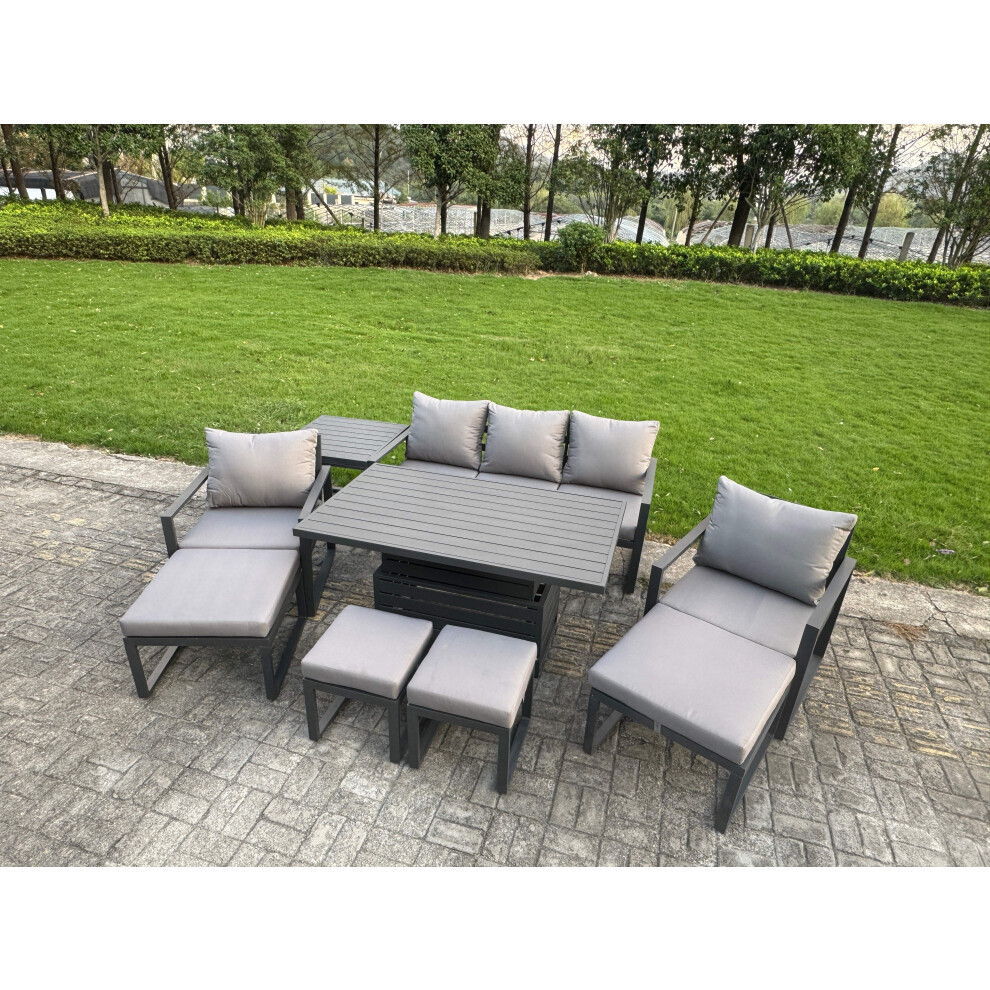 Rackhams Grey 9 Seater Aluminium Garden Furniture Set With Adjustable Rising Dining Table, 2 Chairs, 4 Footstools, Side Table - Image 3