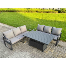 Fimous 3 Pieces Garden Furniture Set Aluminium Adjustable Rising Lifting Dining Table and Sofa Set with Cushions Dark Grey