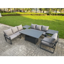 Fimous Aluminium Garden Furniture Sets,7 Seater Outdoor Sofa Dining Set with Adjustable Rising Lifting Dining Table 2 Side Tables Cushions for Yard,Po