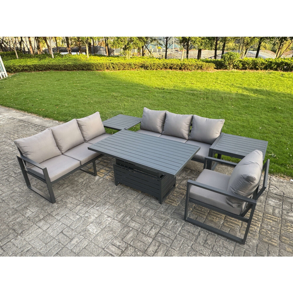 Fimous Aluminium Garden Furniture Sets,7 Seater Outdoor Sofa Dining Set With Adjustable Rising Lifting Dining Table 2 Side Tables Cushions For Yard,Po