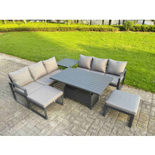 Fimous 6 Pieces Garden Furniture Set Aluminium Adjustable Rising Lifting Dining Table and Sofa Set with Side Table 2 Small Footstools Dark Grey