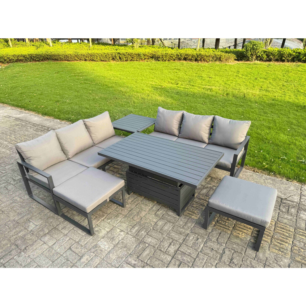 Rackhams Dark/Grey 8 Seater Aluminium Garden Furniture Set With Adjustable Rising Dining Table, 2 Sofas, Side Table, 2 Footstools - Image 2