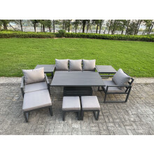 Fimous Aluminium Garden Furniture Sets 8 Seater Outdoor Sofa Set with Adjustable Rising Lifting Dining Table 2 Chairs 3 Footstools 2 Side Tables