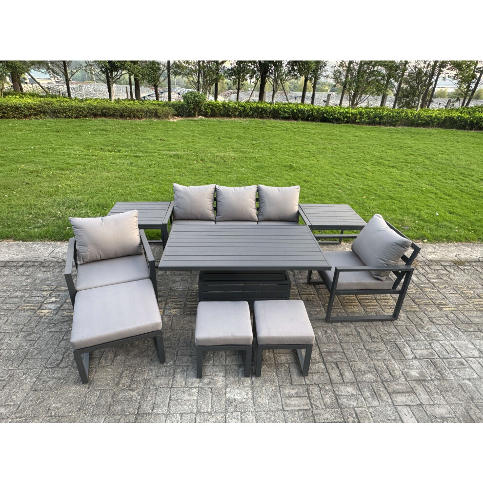 Rackhams Grey 8 Seater Aluminium Garden Furniture Set With Adjustable Rising Dining Table, 2 Chairs, 3 Footstools, 2 Side Tables - Image 3