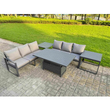 Fimous 5 Pieces Garden Furniture Set Aluminium Adjustable Rising Lifting Dining Table and Sofa Set with 2 Side Tables Dark Grey