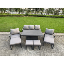 Fimous Aluminium Garden Furniture Sets 9 Seater Outdoor Sofa Set with Adjustable Rising Lifting Dining Table 2 Chairs 4 Footstools
